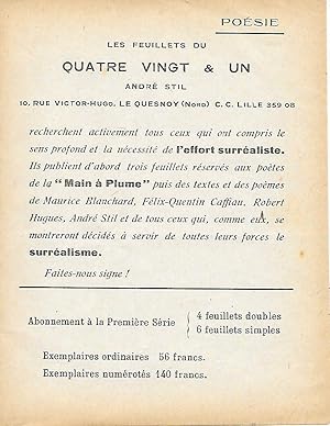 LES FEUILLETS DU QUATRE VINGT & UN. Papillon pour l'abonnement à la Première série de la revue.