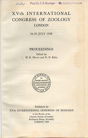 Bild des Verkufers fr XVth International Congress Of Zoology London 1958 zum Verkauf von Clivia Mueller