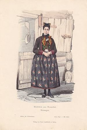 Mädchen aus Numedal, Volkstrachten, Kostümkunde, altkolorierter Holzstich um 1880, Blattgröße: 29...