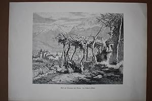 Bild auf Obermais und Meran, Holzstich um 1880 mit schönem Blick auf die Berge, Blattgröße: 25,7 ...