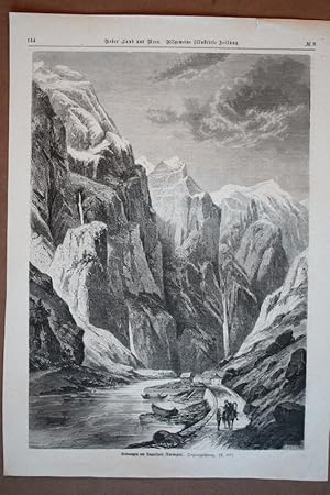 Gudvangen am Sognefjord (Norwegen), Holzstich um 1870 mit toller Gebirgsansicht, Blattgröße: 37 x...