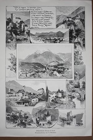 Winterkurort Meran in Tirol, Holzstich um 1885 als Sammelblatt mit zehn Einzelabbildungen, Blattg...