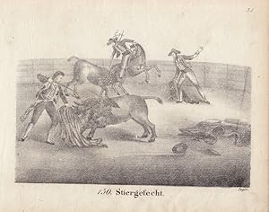 Stiergefecht, Stierkampf, Torero, Arena, Lithographie um 1830 von Inger mit lebhafter Stierkampfs...