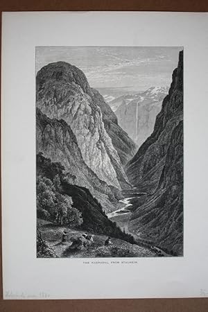 The Naerodal, from Stalheim, Bauern, Holzstich um 1875 mit Blick in ein Gebirgstal, Blattgröße: 3...