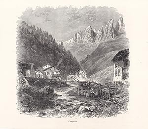 Campitello di Fassa, Trient, Fassatal, Holzstich um 1885, Blattgröße: 18,5 x 21,3 cm, reine Bildg...