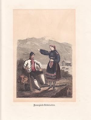 Norwegische Volkstrachten, Kostümkunde, Bauern, Hirten, Gebirge, altkolorierter Holzstich um 1860...