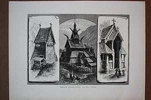 Borgund Stabkirche, Glockenturm, Vorhalle, Holzstich um 1885 mit drei Einzelabbildungen, Blattgrö...