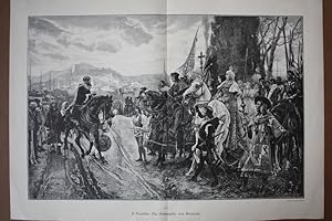 Die Übergabe von Granada, Boabdil übergibt die Stadtschlüssel, Holzstich von 1889 nach einem Orig...