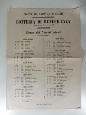 Societa' del carnovale di Saluzzo. Lotteria di beneficenza stata estratta il 1o marzo 1868. Elenc...