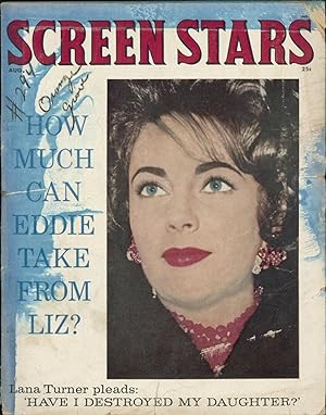 Imagen del vendedor de Screen Stars, Vol. 18, No. 8 (August 1960): Elizabeth Taylor, Eddie Fisher, Lana Turner, Cheryl Crane, Elvis Presley (home from the Army), Fabian, Debbie Reynolds, Lucille Ball, Desi Arnaz, Nancy Sinatra, Tommy Sands, Edd Byrnes, Annette Funicello . a la venta por Katsumi-san Co.