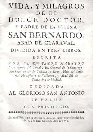 Image du vendeur pour VIDA, Y MILAGROS DE EL DULCE DOCTOR, Y PADRE DE LA IGLESIA SAN BERNARDO, mis en vente par Livraria Castro e Silva