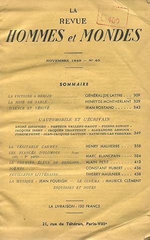 LA REVUE HOMMES ET MONDES - numero 40 del novembre 1949 - , CORBELL - France, imprimerie CRETE, 1949