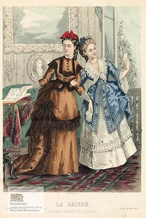 La Saison. Journal illustré des Dames. Zwei junge Damen in prächtigen Kleidern, sich selbst im Sp...