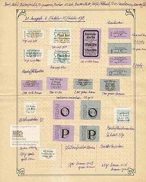 Sammlung von 16 Lebensmittelmarken zur Rationierung von Nahrungsmitteln im Ersten Weltkrieg. Brot...