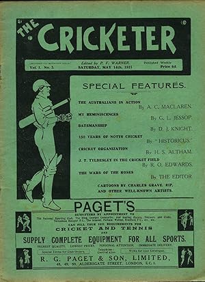 Imagen del vendedor de The Cricketer (Weekly Magazine) Volume I Number 3 Saturday May 14th 1921. a la venta por Little Stour Books PBFA Member