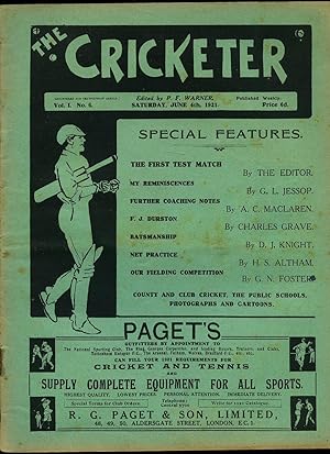 Imagen del vendedor de The Cricketer (Weekly Magazine) Volume I Number 6 Saturday June 4th 1921. a la venta por Little Stour Books PBFA Member