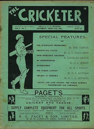 Bild des Verkufers fr The Cricketer (Weekly Magazine) Volume I Number 7 Saturday June 11th 1921. zum Verkauf von Little Stour Books PBFA Member