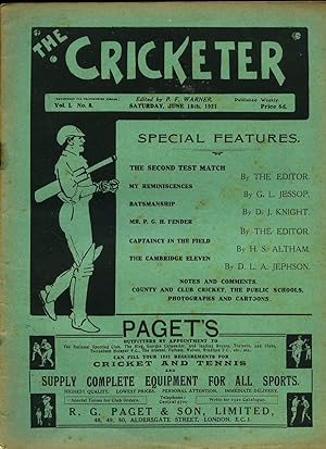 Bild des Verkufers fr The Cricketer (Weekly Magazine) Volume I Number 8 Saturday June 18th 1921. zum Verkauf von Little Stour Books PBFA Member