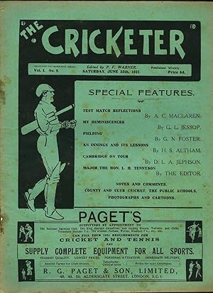 Imagen del vendedor de The Cricketer (Weekly Magazine) Volume I Number 9 Saturday June 25th 1921. a la venta por Little Stour Books PBFA Member