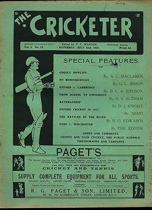 Bild des Verkufers fr The Cricketer (Weekly Magazine) Volume I Number 10 Saturday July 2nd 1921. zum Verkauf von Little Stour Books PBFA Member