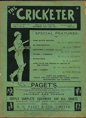 Imagen del vendedor de The Cricketer (Weekly Magazine) Volume I Number 12 Saturday July 16th 1921. a la venta por Little Stour Books PBFA Member