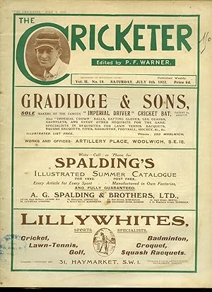 Imagen del vendedor de The Cricketer (Weekly Magazine) Volume II Number 10 Saturday July 8th 1922. a la venta por Little Stour Books PBFA Member