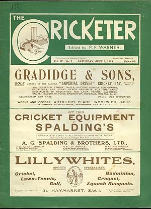 Imagen del vendedor de The Cricketer (Weekly Magazine) Volume IV Number 5 Saturday June 9th 1923. a la venta por Little Stour Books PBFA Member