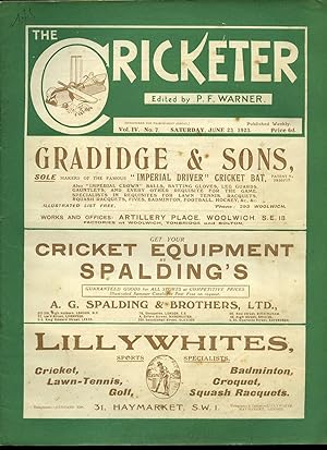 Image du vendeur pour The Cricketer (Weekly Magazine) Volume IV Number 7 Saturday June 23rd 1923. mis en vente par Little Stour Books PBFA Member
