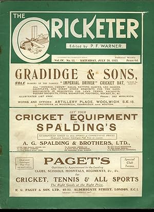 Bild des Verkufers fr The Cricketer (Weekly Magazine) Volume IV Number 12 Saturday July 28th 1923. zum Verkauf von Little Stour Books PBFA Member