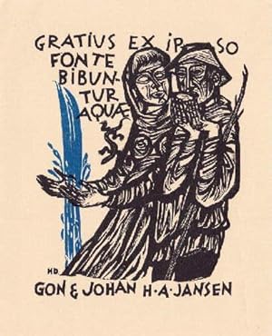 Seller image for Exlibris Gon & Johan H.A.Jansen. Zweifarbiger Holzschnitt von Nelly Degouy, Rckseite typographisch bezeichnet. for sale by Antiquariat Heinz Tessin