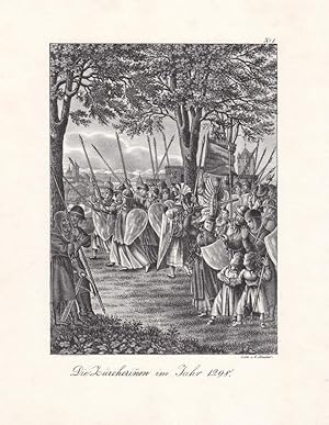 Die Zürcherinen im Jahr 1298, Lithographie von 1824 von C. Studer, Blattgröße: 24,8 x 20 cm, rein...