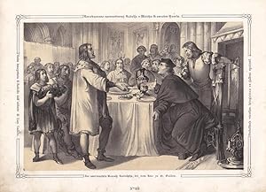 Der unerwartete Besuch Rudolphs, bei dem Able zu St. Gallen, Lithographie um 1860 mit reicher Fig...