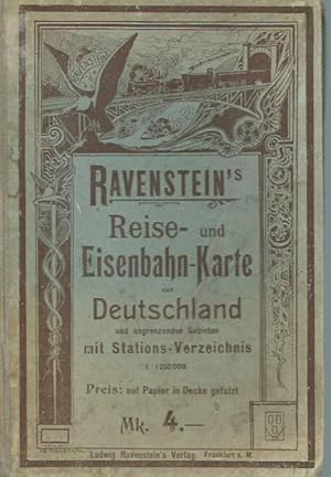 Bild des Verkufers fr Ravenstein s Reise- und Eisenbahn-Karte von Deutschland und angrenzenden Gebieten mit Stations-Verzeichnis. Mastab 1:1 250 000. Nach Entwrfen von Hans Ravenstein gezeichnet von Chr. Peip in Eisenach. Mit 2 Nebenkarten: Spezialkarte des Rheinisch-Westflischen Industriegebietes / Spezialkarte des schlesischen Industriegebietes. zum Verkauf von Antiquariat Carl Wegner