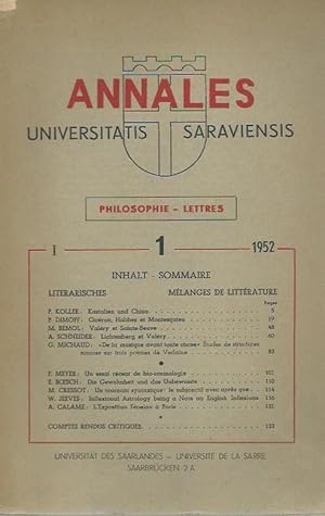 Image du vendeur pour Annales universitatis Saraviensis. Philosophie lettres. T. 1, 1952. Herausgeber: Universitt des Saarlandes, Universite de la Sarre, Saarbrcken. mis en vente par Antiquariat Carl Wegner