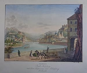 Stadt Salzburg mit dem Kapuziner und Schloßberg 1te Ansicht. Kolorierte Lithographie v. F. Wolf a...