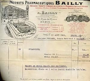 Image du vendeur pour FACTURE ANCIENNE ILLUSTREE DE PRODUITS PHARMACEUTIQUES A.BAILLY 15 RUE DE ROME A PARIS 7 mis en vente par Le-Livre