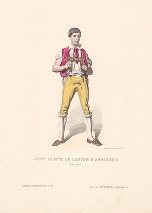 Jeune homme du canton d Appenzell, Volkstrachten, Kostüme, altkolorierter Stahlstich um 1860, Bla...