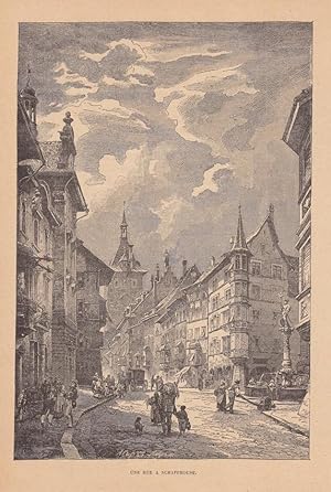 Une rue a Schaffhouse, Schaffhausen, Rheinfall, Holzstich um 1870 mit belebter Straßenszene, Blat...
