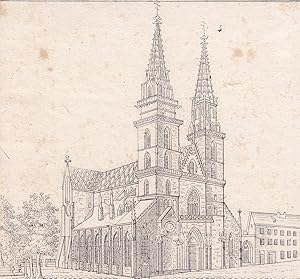 Basel Münster Aufriss, Stahlstich um 1850, Blattgröße: 9 x 11 cm, reine Bildgröße: 9 x 9,7 cm.