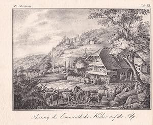 Auszug des Emmenthaler Küher auf die Alp, Bauern, Kühe, Lithographie um 1830, Blattgröße: 18,3 x ...