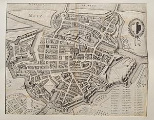 Plan der Stadt Metz aus der Vogelperspektive mit den Befestigungsanlagen, der Mosel, Stadtwappen ...