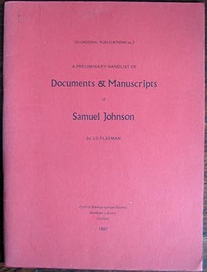 Seller image for A Preliminary Handlist of Documents & Manuscripts of Samuel Johnson for sale by James Fergusson Books & Manuscripts