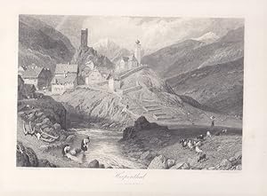 Hospenthal, Kanton Uri, Bauern, Wäscherinnen, Stahlstich um 1850 mit schönem Blick in ein Bergdor...