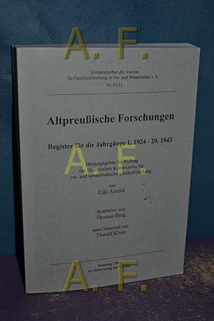 Seller image for Altpreuische Forschungen : Register fr die Jahrgnge 1, 1924 - 20, 1943 Sonderschriften des Verein fr Familienforschung in Ost- und Westpreuen e. V. - Nr. 65/11. for sale by Antiquarische Fundgrube e.U.