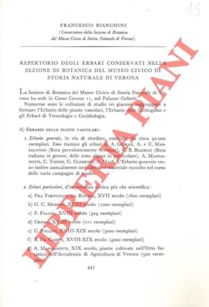 Bild des Verkufers fr Repertorio degli erbari conservati nella Sezione Botanica del Museo Civico di Storia Naturale di Verona. zum Verkauf von Libreria Piani