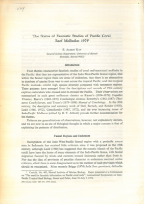 The status of faunistic studies of Pacific Coral Reef Mollusks : 1974.