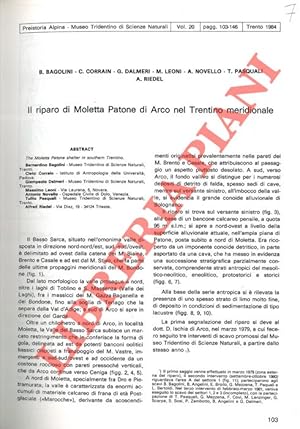 Bild des Verkufers fr Il riparo di Moletta Patone di Arco nel Trentino meridionale. Analisi degli oggetti di corredo in metallo (M.L.) . Osteometria dei resti umani rinvenuti nel sepolcreto dell'et del Rame di Moletta Patone (C.C. ) . zum Verkauf von Libreria Piani