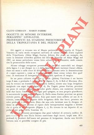 Bild des Verkufers fr Oggetti di minore interesse, per lo pi levigatoi, provenienti da stazioni preistoriche della Tripolitania e del Fezzan. zum Verkauf von Libreria Piani