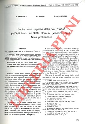 Seller image for Le incisioni rupestri della Val d'Assa sull'Altipiano dei Sette Comuni (Vicenza, Italia) . Nota preliminare. for sale by Libreria Piani