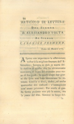 Bild des Verkufers fr Articolo di lettera del signor Alessandro Volta al signor Canonico Fromond. zum Verkauf von Libreria Piani